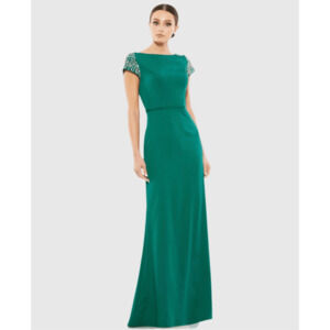 Mac Duggal Bateau Neck Embellished Cap Sleeve Gown  14 Green Long Dress Formal
